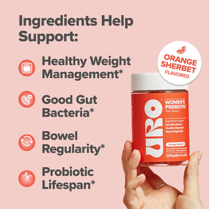 O Positiv URO Prebiotic Fiber Gummies for Digestive Gut Health and Regularity, Orange Sherbet, 50 Count
