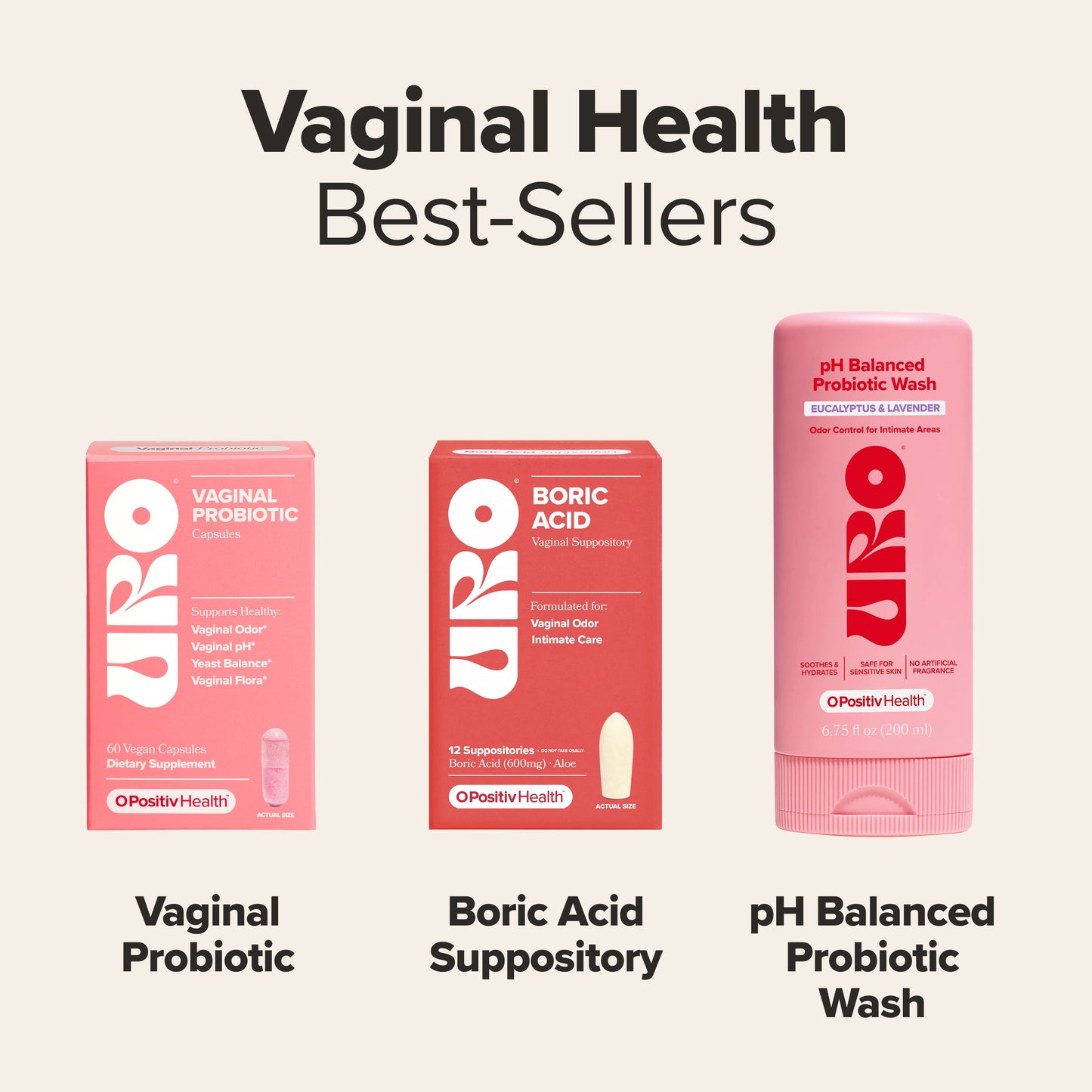 O Positiv URO Boric Acid Vaginal Suppository Capsules, Fast Odor Control + Intimate Care, 12 Count