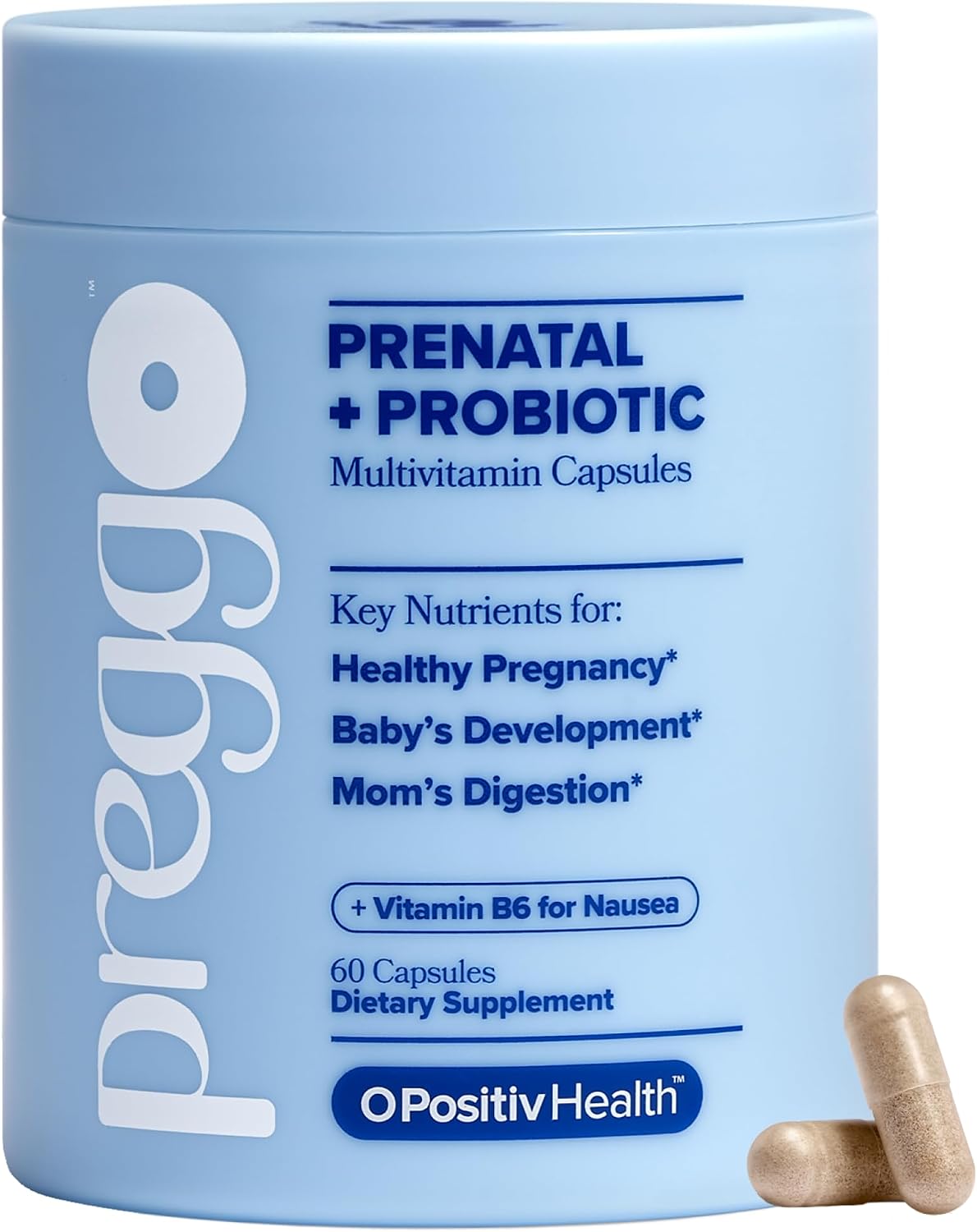 O Positiv PREGGO Prenatal + Probiotic Multivitamin Capsules – OBGYN-Formulated Advanced Prenatal with Folate, Choline, Omega-3s, Vitamins, Minerals & Probiotics – 30 Servings