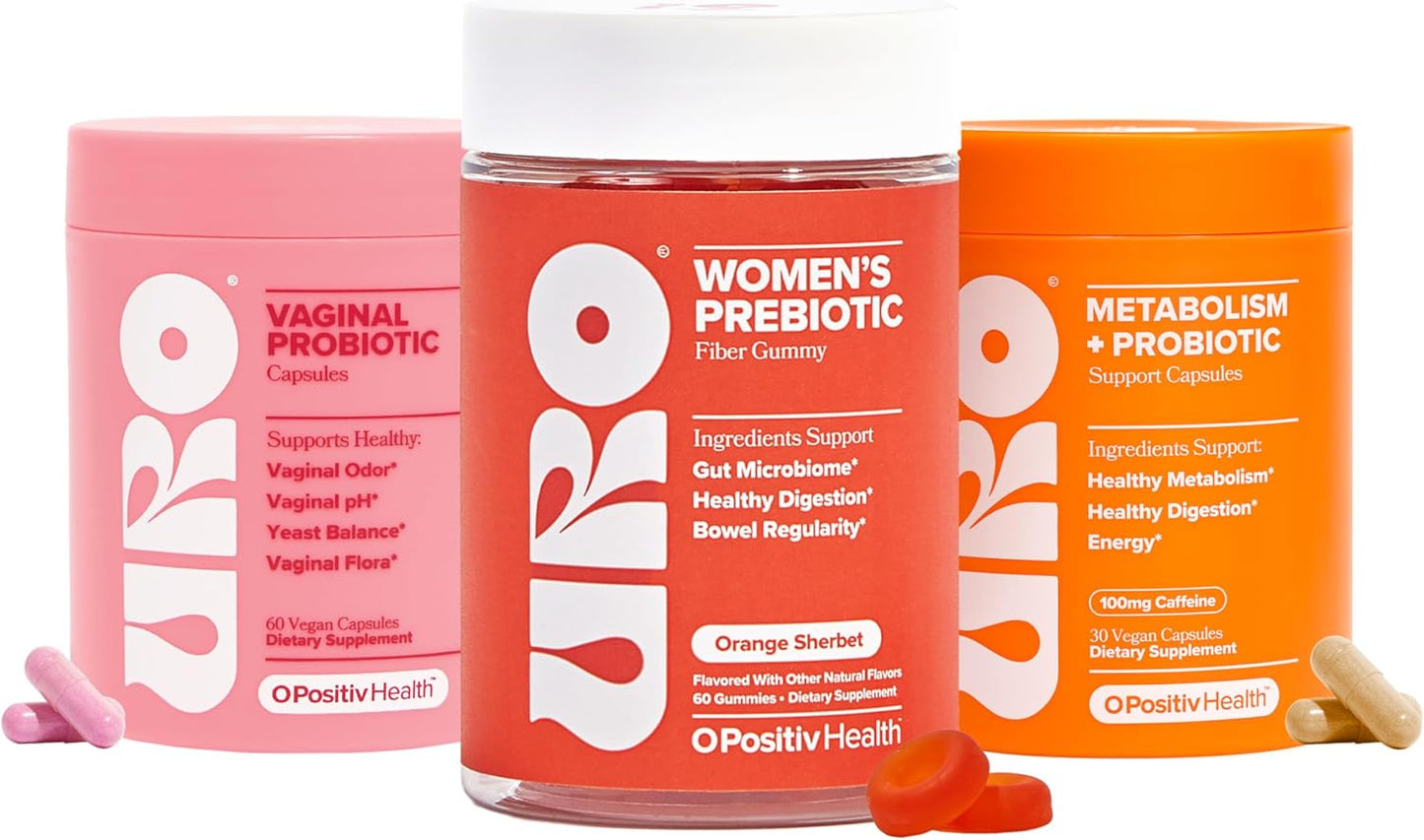 Happy Body Bundle – URO Vaginal Probiotic, URO Metabolism + Probiotic, URO Prebiotic Fiber – with V-Positiv Probiotic Blend, Green Coffee Bean Seed Extract & Chicory Root Fiber – 30 Servings