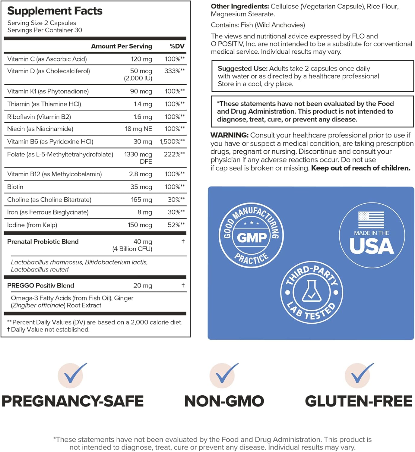 O Positiv PREGGO Prenatal + Probiotic Multivitamin Capsules – OBGYN-Formulated Advanced Prenatal with Folate, Choline, Omega-3s, Vitamins, Minerals & Probiotics – 30 Servings