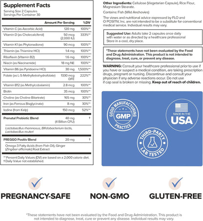 O Positiv PREGGO Prenatal + Probiotic Multivitamin Capsules – OBGYN-Formulated Advanced Prenatal with Folate, Choline, Omega-3s, Vitamins, Minerals & Probiotics – 30 Servings