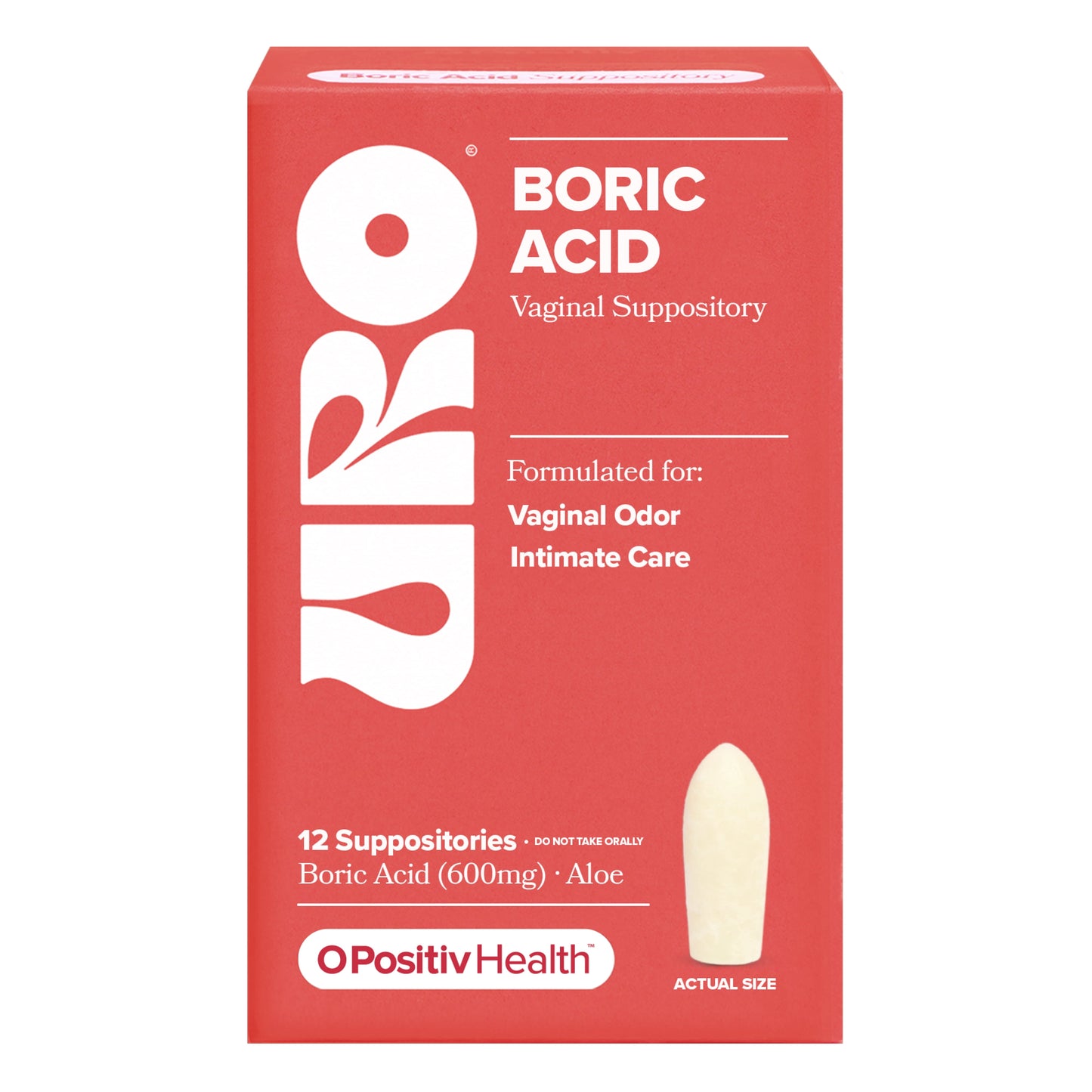 O Positiv URO Boric Acid Vaginal Suppository Capsules, Fast Odor Control + Intimate Care, 12 Count
